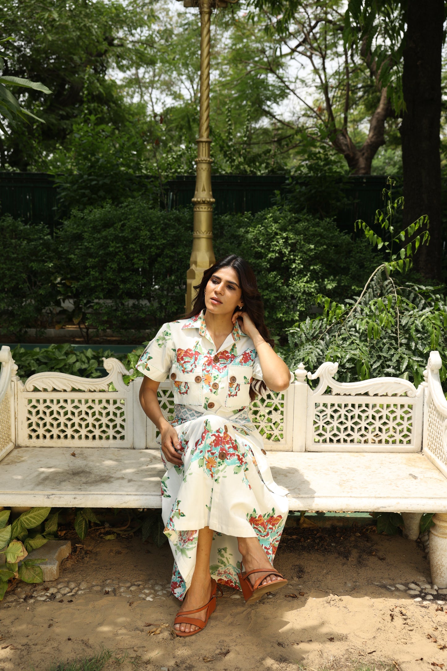 Blue Floral Block Printed Cotton Denim Dress