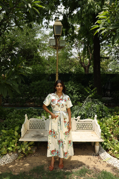 Blue Floral Block Printed Cotton Denim Dress