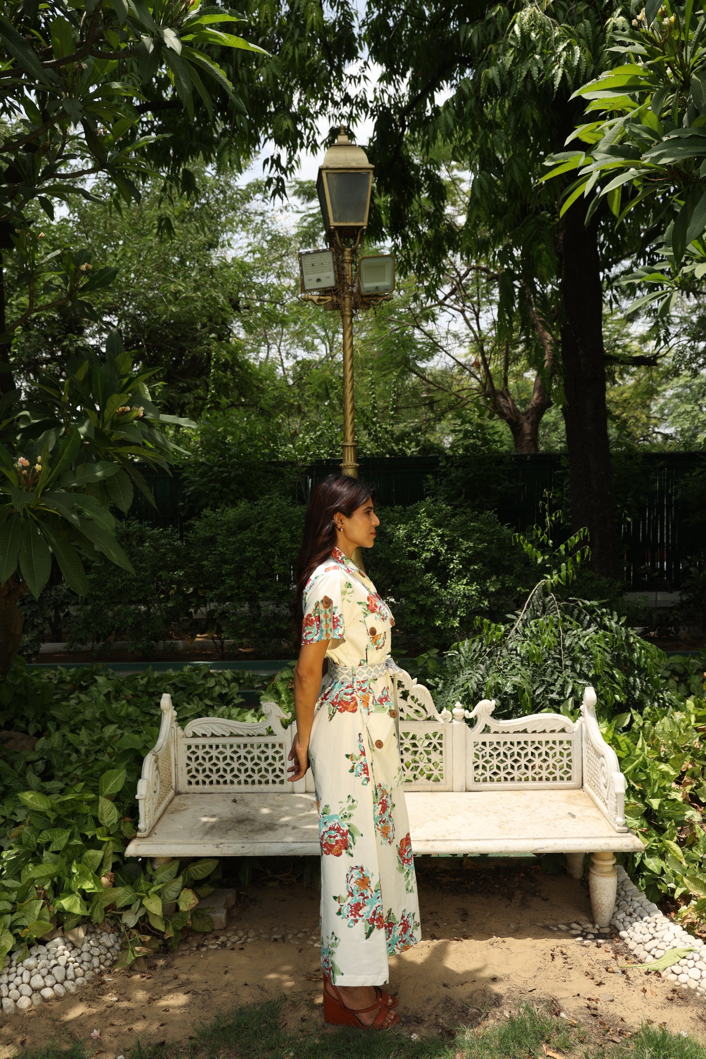 Blue Floral Block Printed Cotton Denim Dress