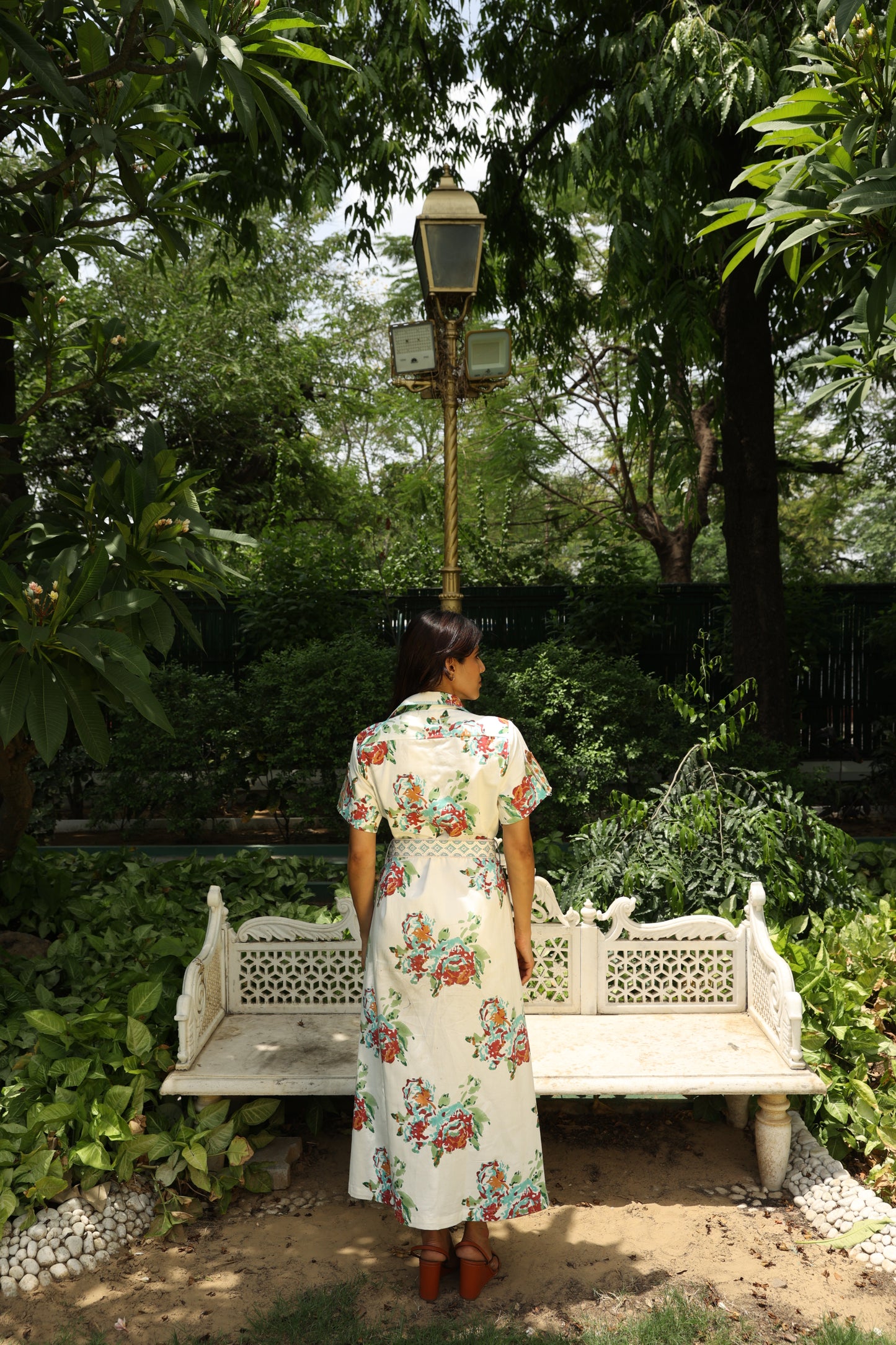 Blue Floral Block Printed Cotton Denim Dress