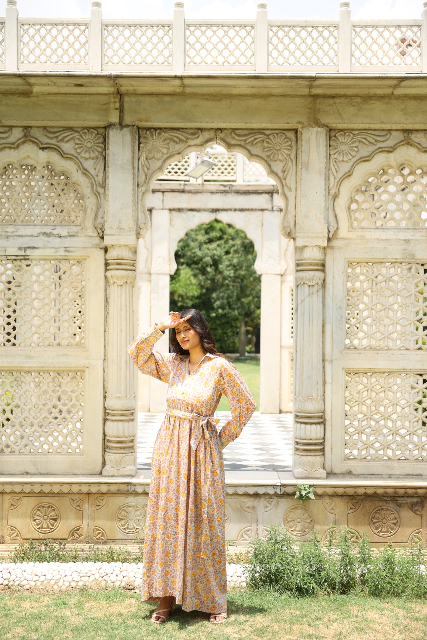 Yellow Floral Mulmul Block Printed Dress