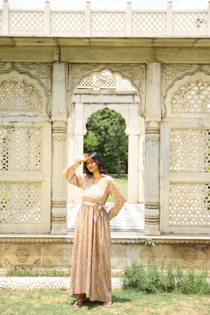 Yellow Floral Mulmul Block Printed Dress