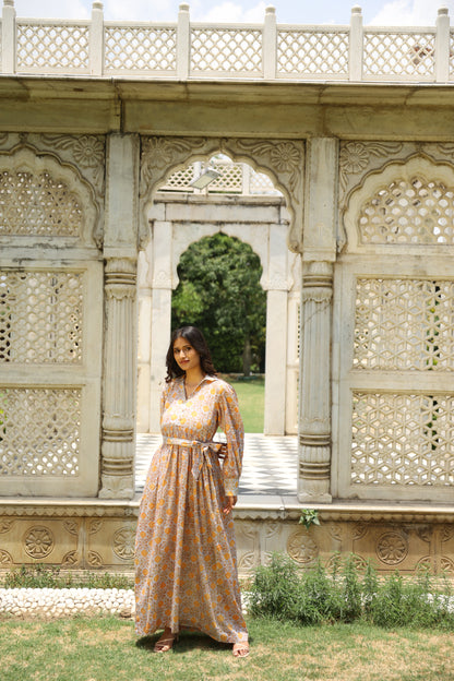 Yellow Floral Mulmul Block Printed Dress