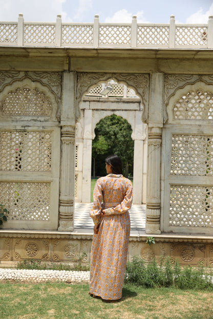 Yellow Floral Mulmul Block Printed Dress