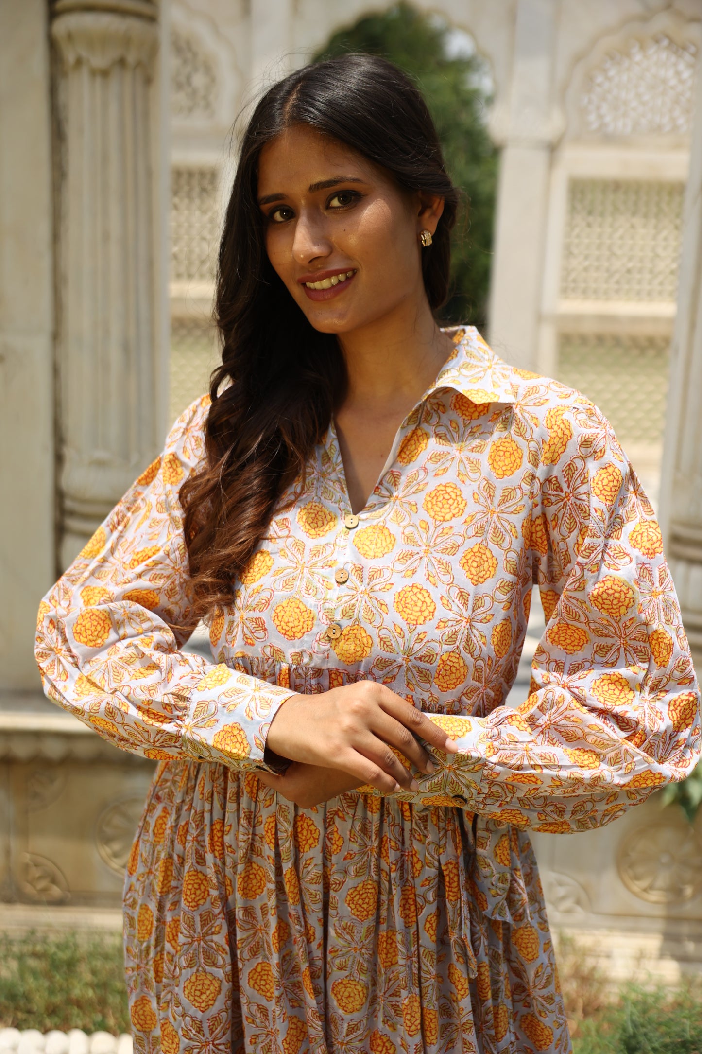 Yellow Floral Mulmul Block Printed Dress