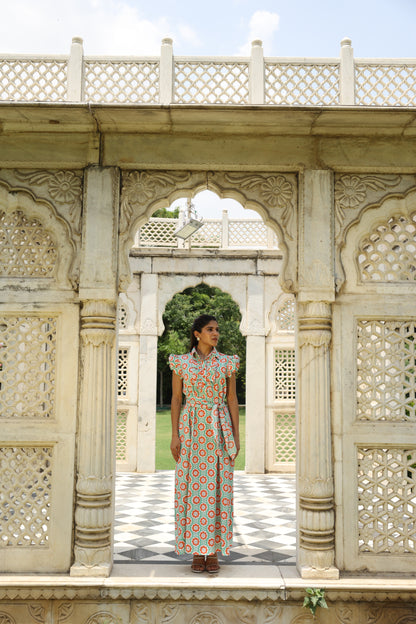 Sea-green & Orange Floral Block Printed Dress