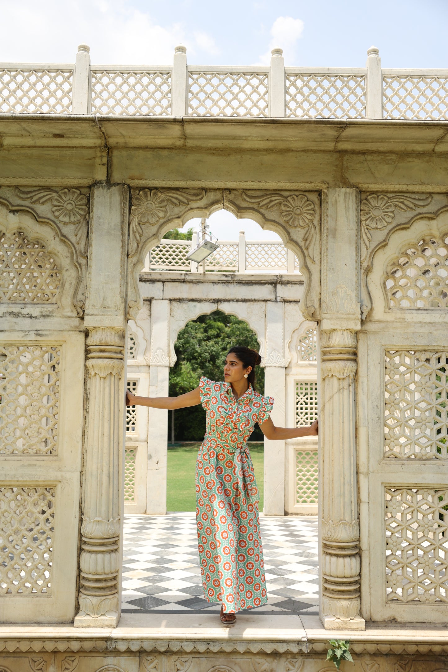 Sea-green & Orange Floral Block Printed Dress