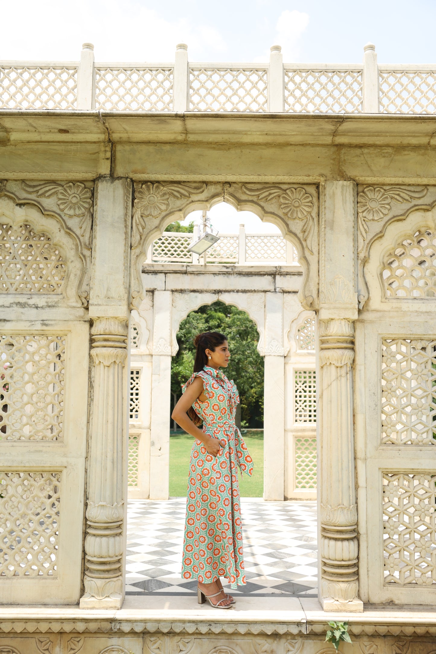 Sea-green & Orange Floral Block Printed Dress