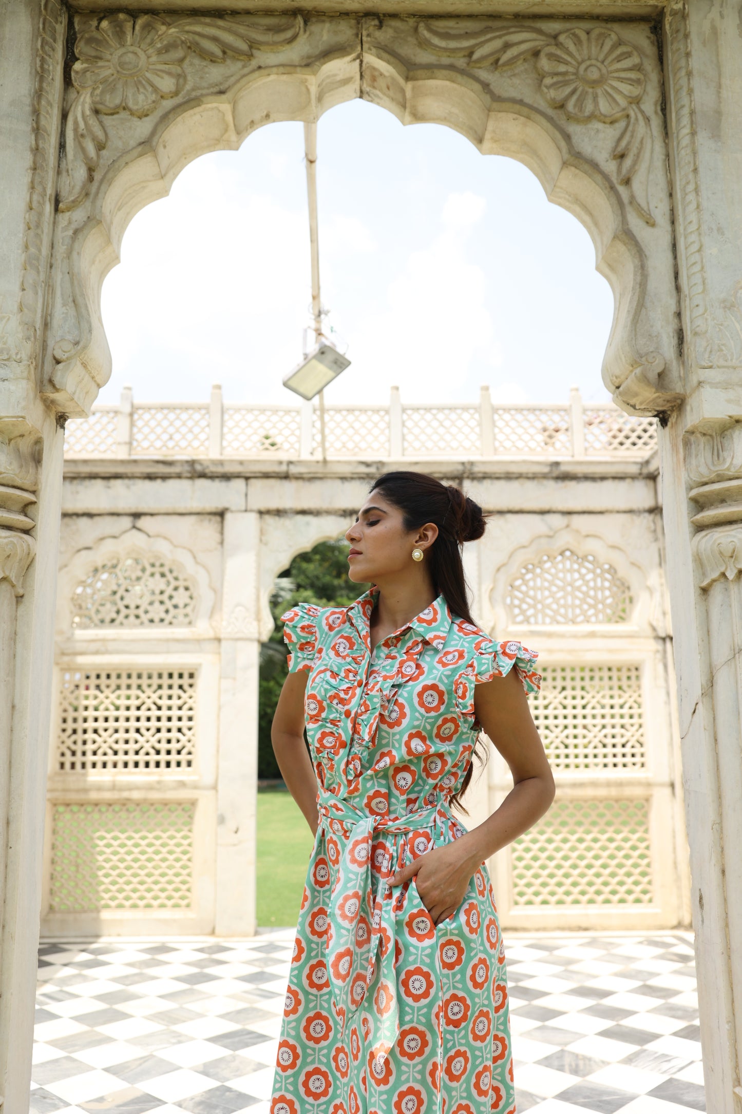 Sea-green & Orange Floral Block Printed Dress