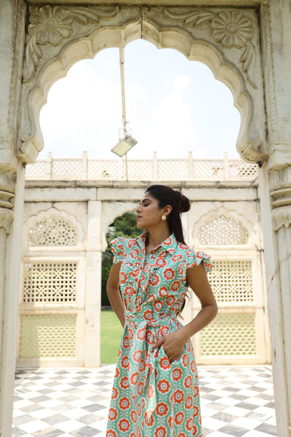 Sea-green & Orange Floral Block Printed Dress