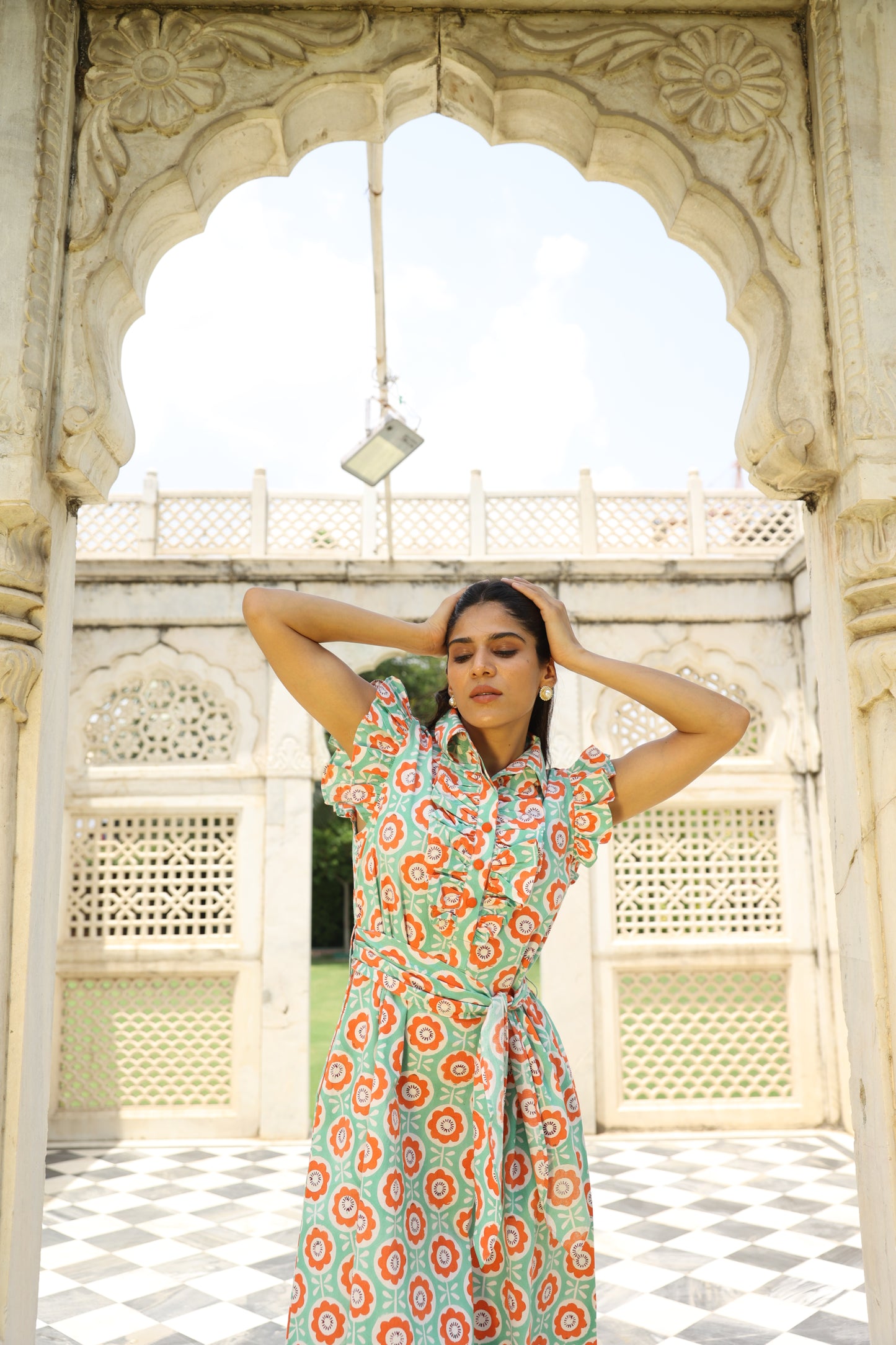 Sea-green & Orange Floral Block Printed Dress