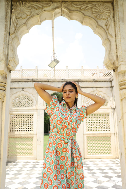 Sea-green & Orange Floral Block Printed Dress
