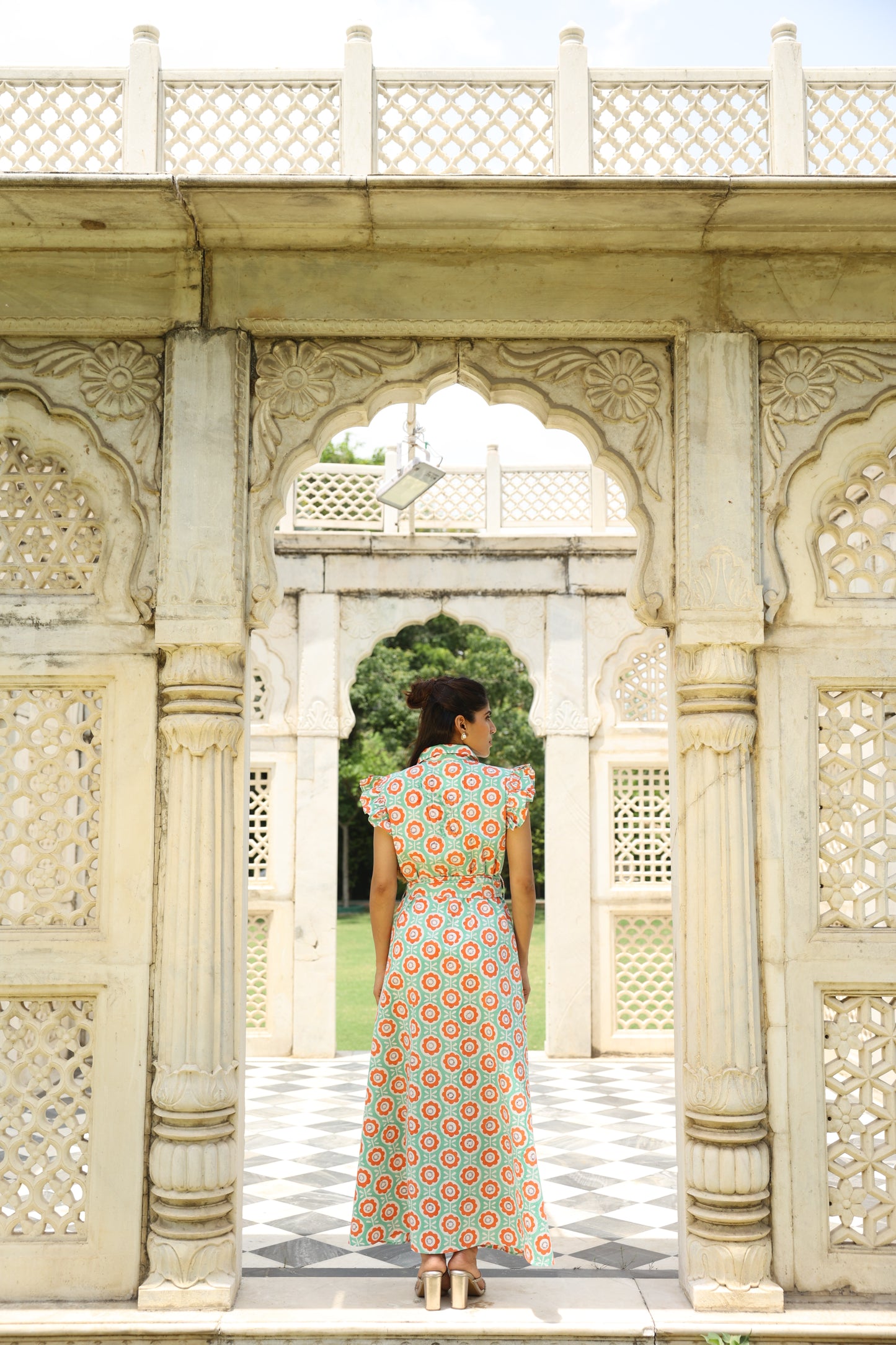 Sea-green & Orange Floral Block Printed Dress