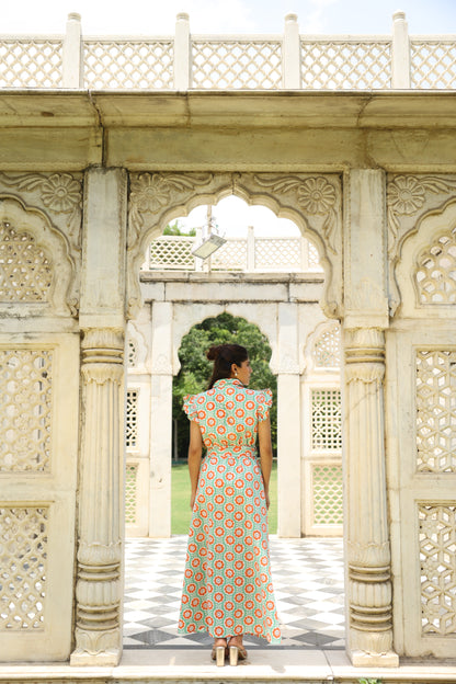 Sea-green & Orange Floral Block Printed Dress