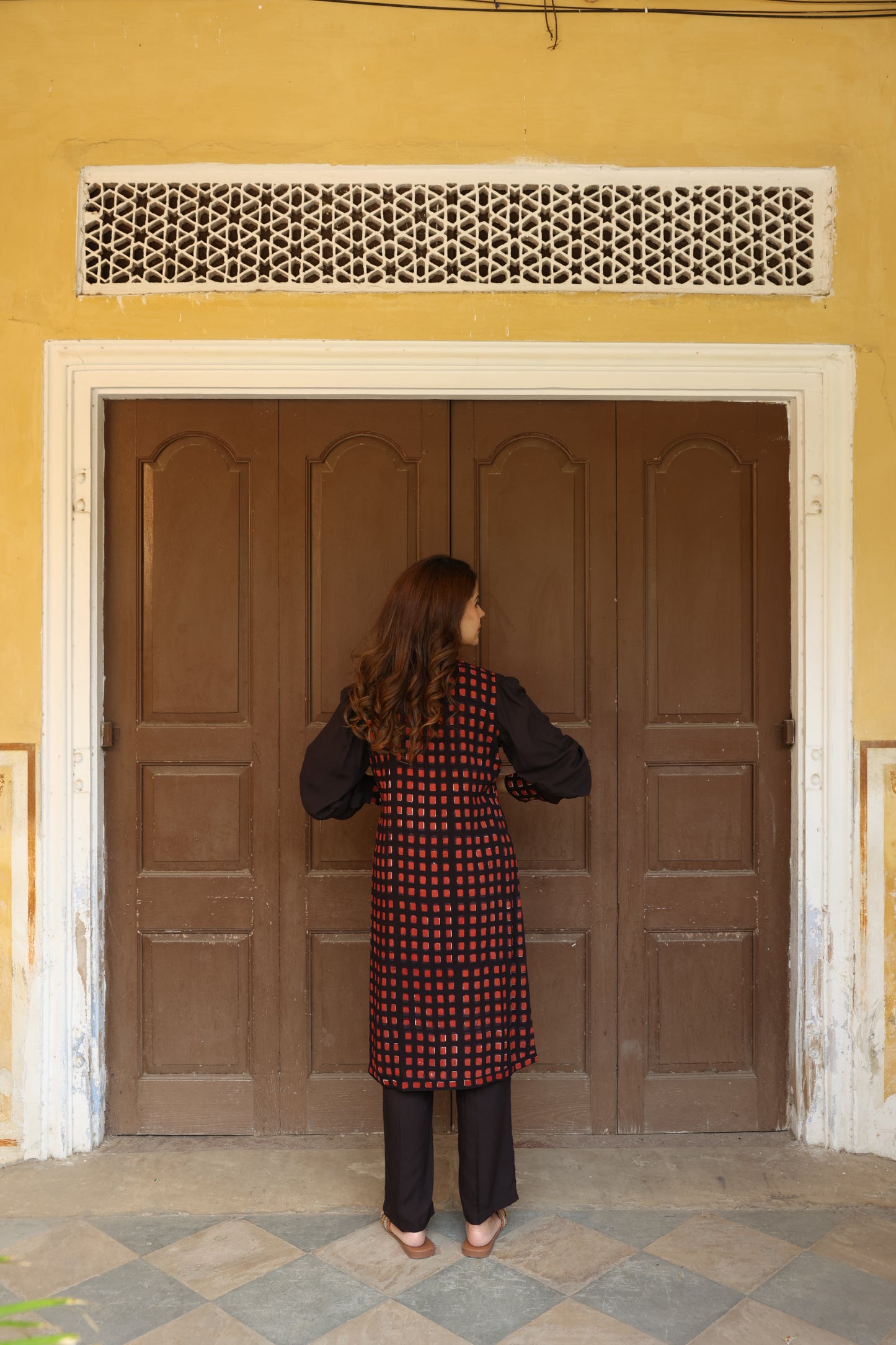 Brick Colour Open Jacket Block Printed Co-Ord Set (Set of 3)