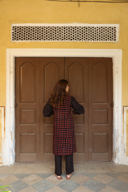 Brick Colour Open Jacket Block Printed Co-Ord Set (Set of 3)