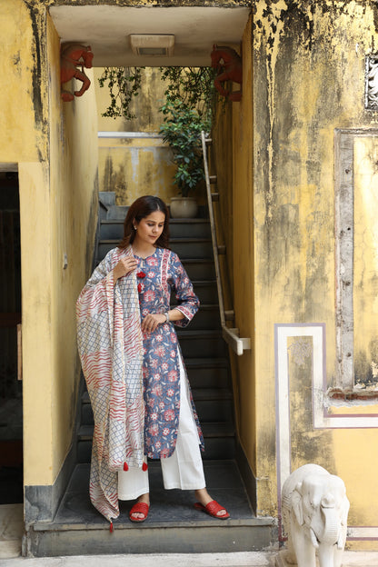 Deep Blue Block Printed Chanderi Suit Set (Set of 3)