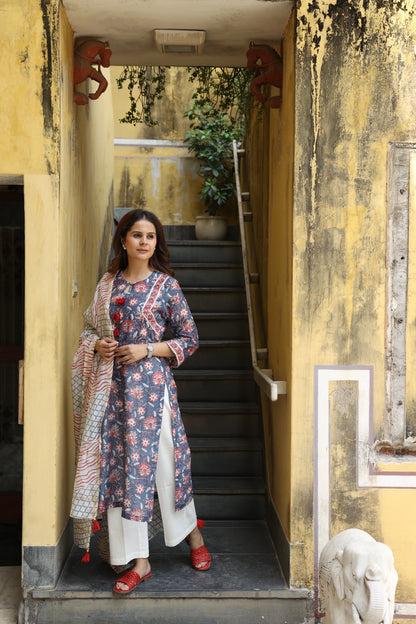 Deep Blue Block Printed Chanderi Suit Set (Set of 3)