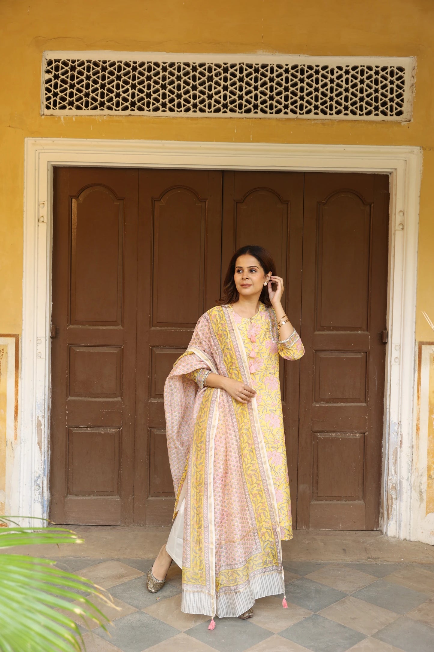 Yellow & Peach Block Printed Chanderi Suit Set (Set of 3)