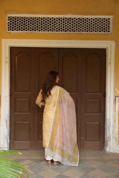 Yellow & Peach Block Printed Chanderi Suit Set (Set of 3)
