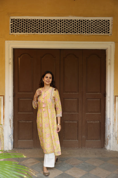 Yellow & Peach Block Printed Chanderi Suit Set (Set of 3)
