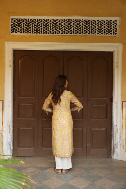 Yellow & Peach Block Printed Chanderi Suit Set (Set of 3)