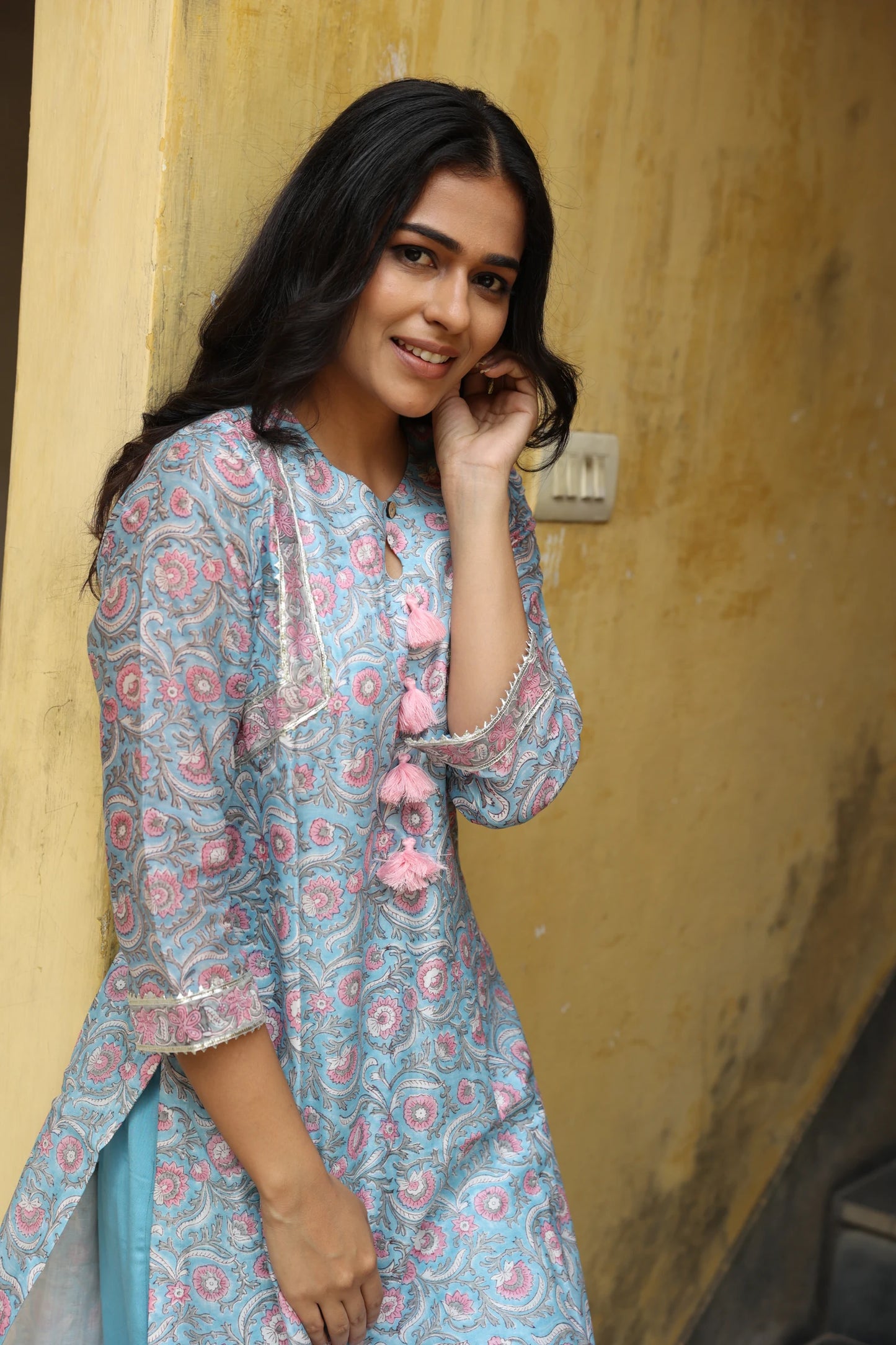 Sky Blue & Pink Block Printed Chanderi Suit Set (Set of 3)