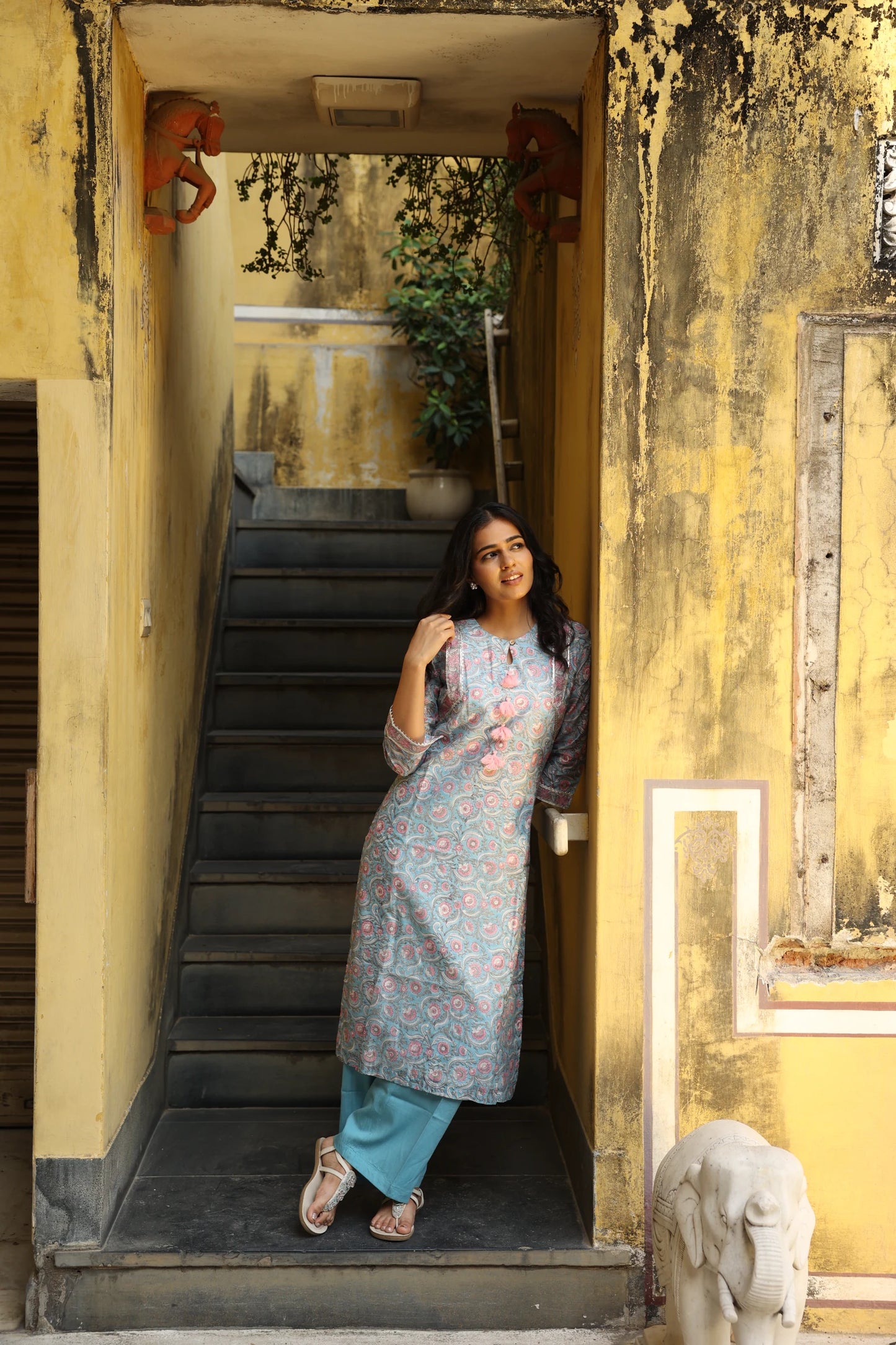 Sky Blue & Pink Block Printed Chanderi Suit Set (Set of 3)