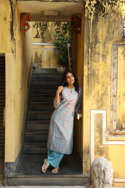 Sky Blue & Pink Block Printed Chanderi Suit Set (Set of 3)