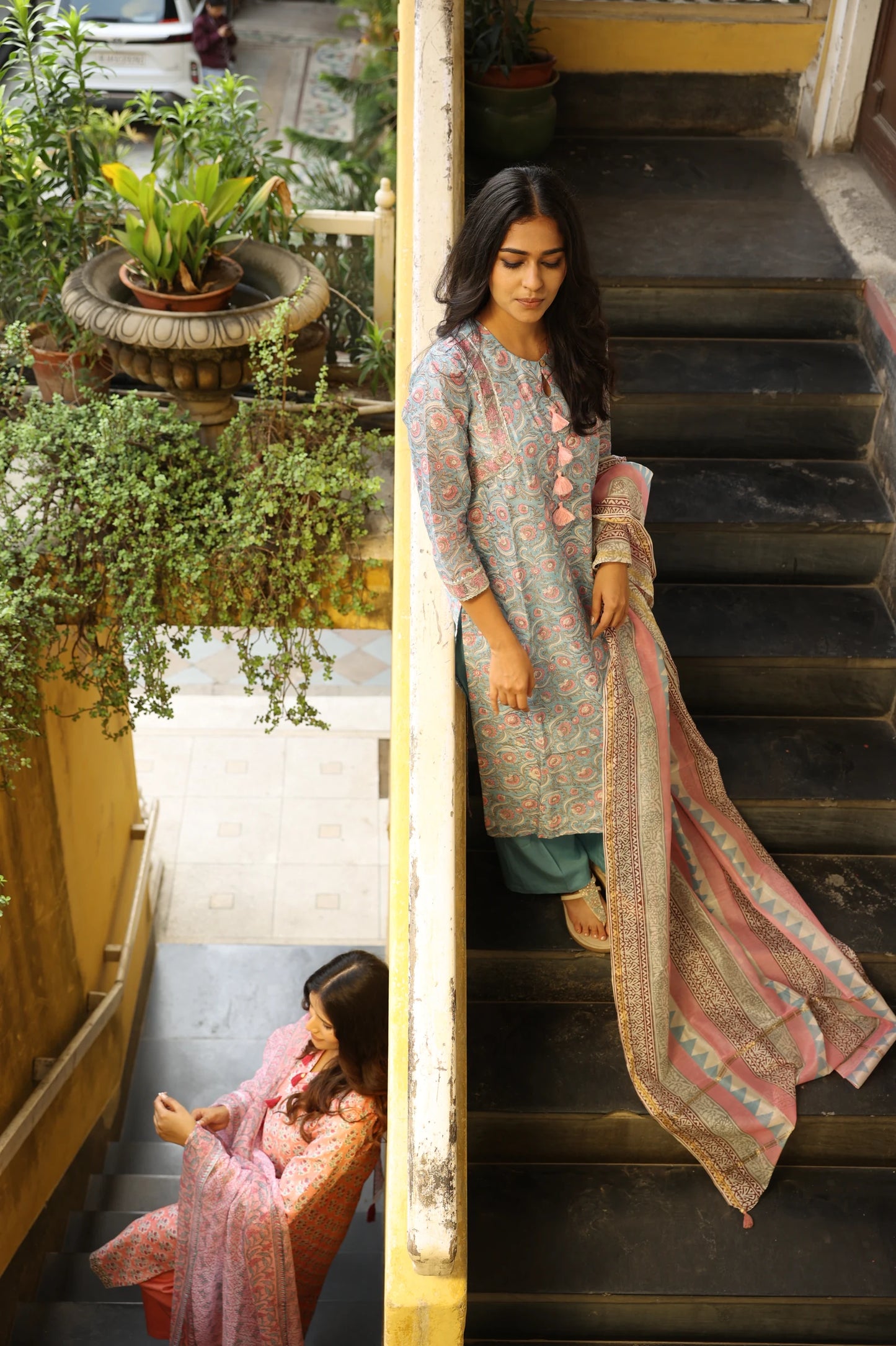 Sky Blue & Pink Block Printed Chanderi Suit Set (Set of 3)